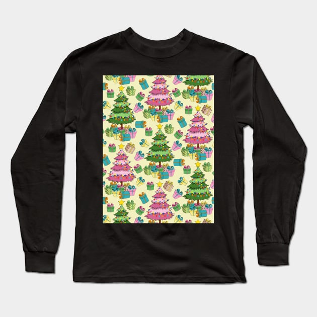 Christmas Trees And Gifts Pattern Long Sleeve T-Shirt by Designoholic